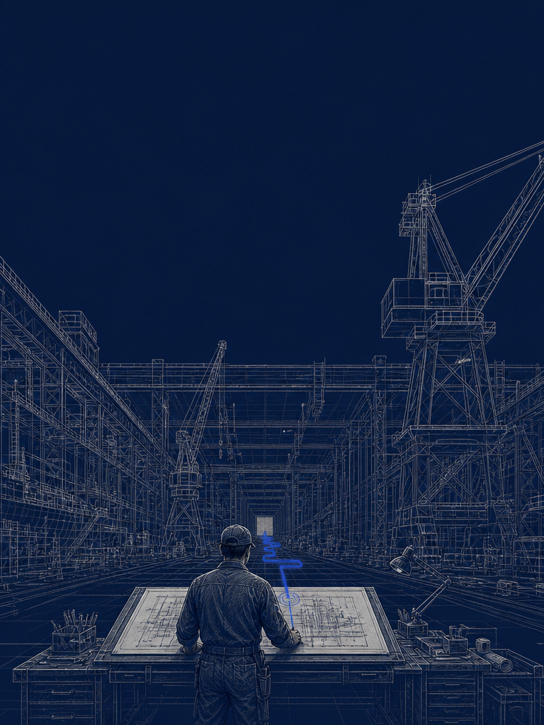 An operator reviews work at a control board inside a navy-toned fabrication bay