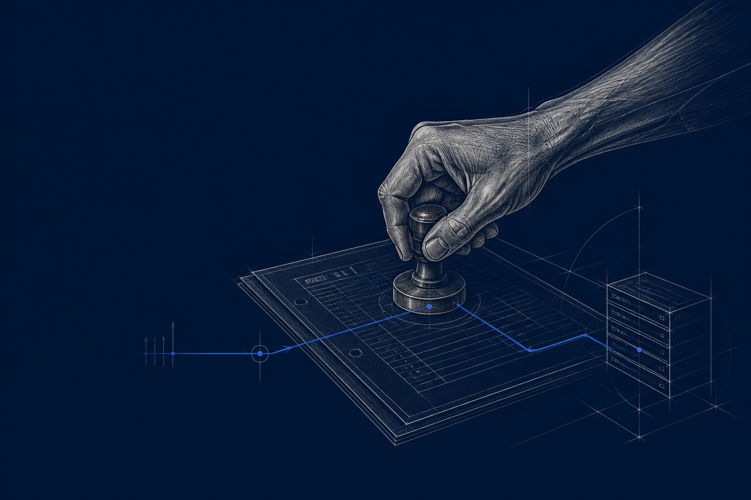 A human hand acknowledging a controlled operational action on a navy engineering field